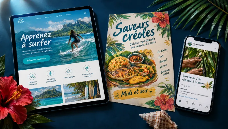 Site d’école de surf sur tablette, flyer de restaurant créole et publication d’un producteur de vanille sur téléphone