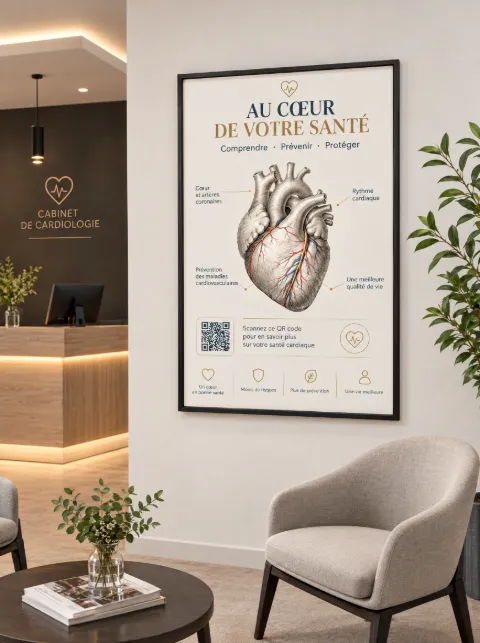Affiche « Au cœur de votre santé » avec un cœur illustré, dans la salle d’attente d’un cabinet de cardiologie