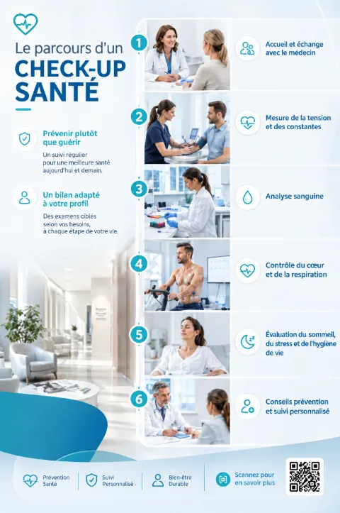 Affiche « Le parcours d’un check-up santé » en six étapes illustrées