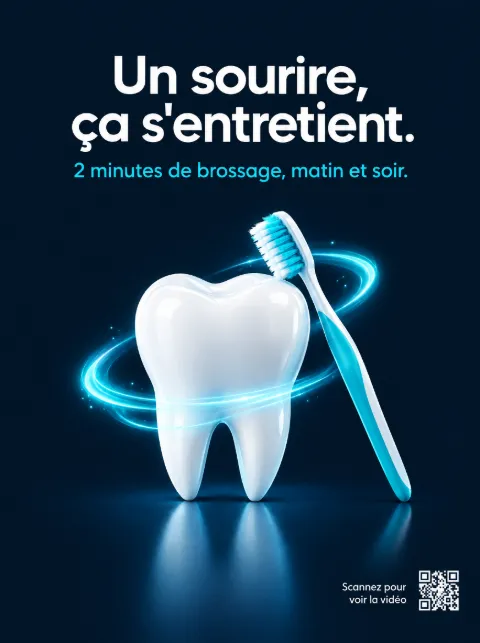 Affiche de prévention dentaire : « Un sourire, ça s’entretient. 2 minutes de brossage, matin et soir. »