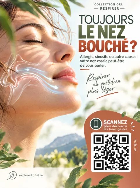 Affiche « Toujours le nez bouché ? » avec un visage qui respire et un QR code