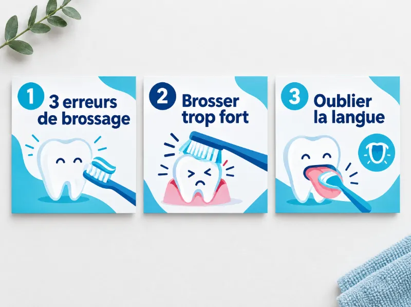 Carrousel de trois publications : 3 erreurs de brossage, brosser trop fort, oublier la langue