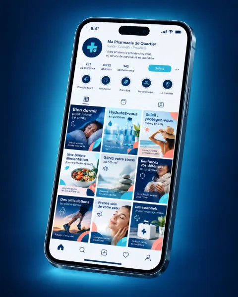 Profil de réseau social d’une pharmacie avec une grille de publications de conseils santé