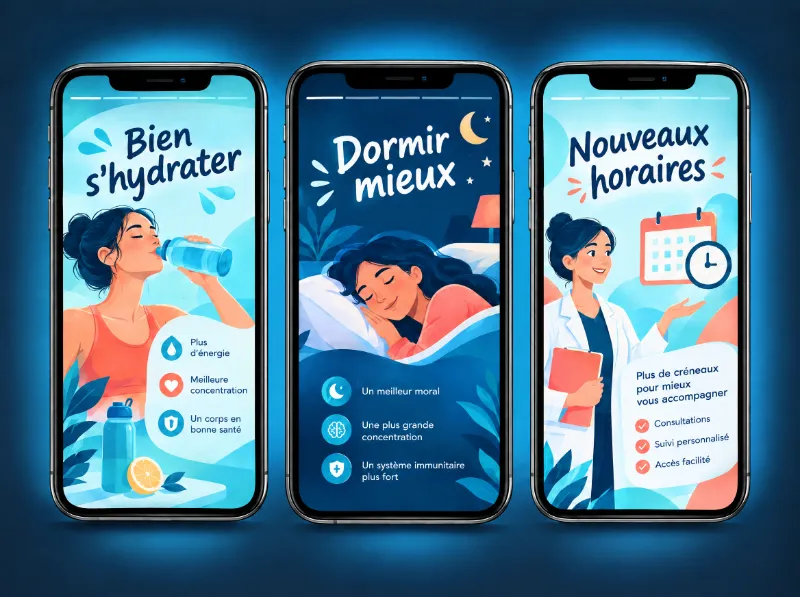 Trois stories de réseau social : bien s’hydrater, dormir mieux, nouveaux horaires