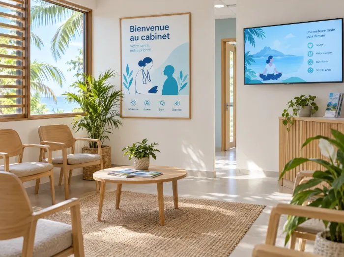 Salle d’attente lumineuse avec une affiche « Bienvenue au cabinet » et un écran de conseils santé
