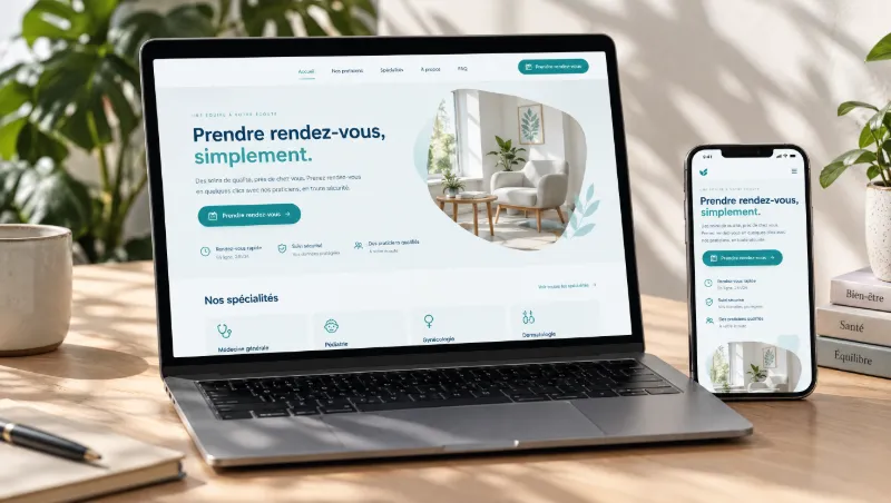 Site internet d’un cabinet médical affiché sur un ordinateur portable et un téléphone