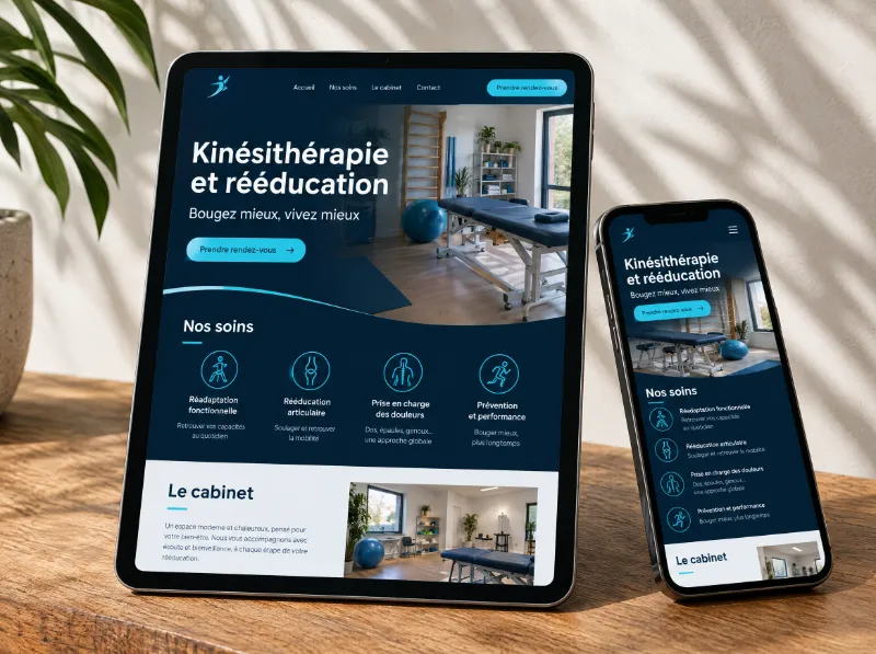 Site internet d’un cabinet de kinésithérapie affiché sur une tablette et un téléphone